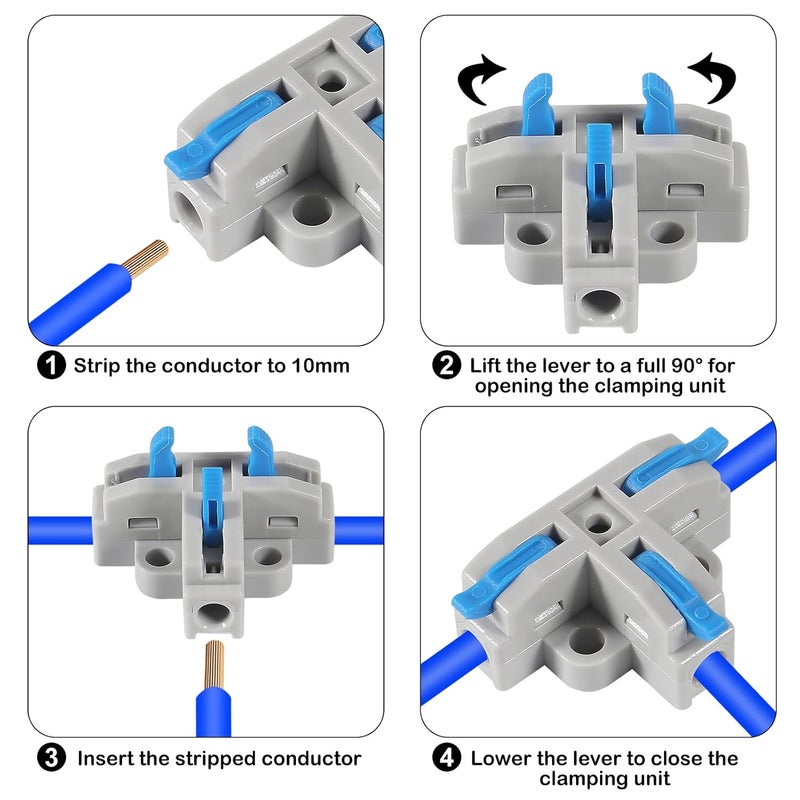 Meimom 10Pcs T-Shape Lever Nut Connector, Compact Wire Conductor Connector,Quick Splitter 3 Pin 1 Way Wire Connector Suitable for AWG 28-12 Solid Stranded Wire - Image 3
